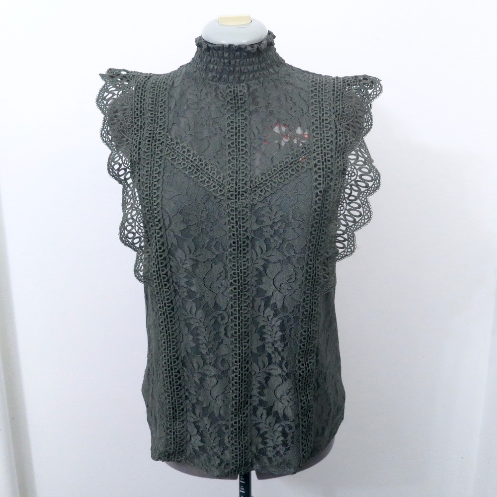 Sleeveless Lace and Crochet High Neck Lined Tank Blouse Evergreen Size Small